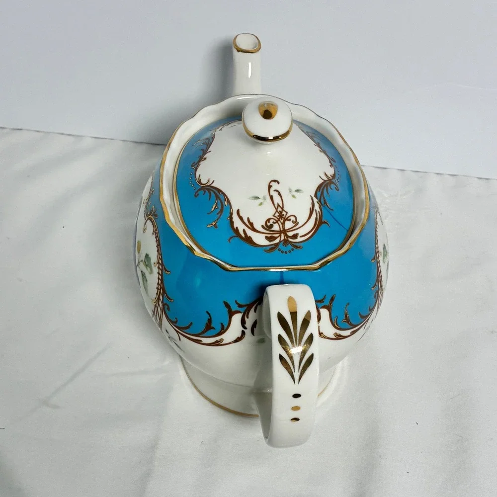 Grace Teaware Teapot Turquoise Gold Bird Filigree Scalloped Grandmillennial